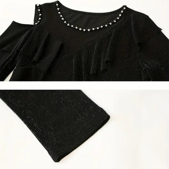 Rhinestones Glitter Sheer Long Sleeves Ruffle Trim Cut Out Top M - Picture 5 of 7